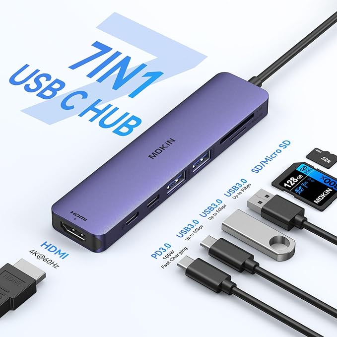 MOKiN 7 in 1 USB C Hub with HDMI, microSD/SD Card Reader, USB 3.0, 100W PD Compatible for MacBook Pro/Air, Dell XPS, Lenovo Thinkpad