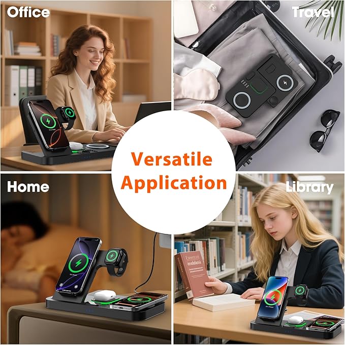 Dual Phone Magnetic Wireless Charging Station for Apple Devices/Apple Ecosystem, 7-Color Auto Light & 12H Clock, Multi-Device Charger for iPhone 17/16/15, for iWatch 11/10/9 & AirPods Pro3(Black