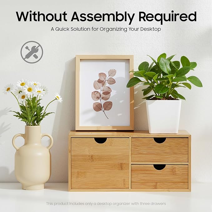 Bamboo Desk Organizer 3 Drawers Tabletop Storage Organization Box, No Assembly Needed for Home Office Storage, 12.99 * 7.48 * 6.3in (1 left & 2 right)