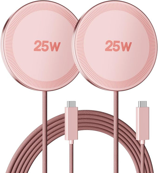 25W Magnetic Wireless Charger: Fast Charging Pad for iPhone 17 16 15 14 13 12 Pro Max, Samsung Galaxy S26 S25, Google Pixel 10, AirPods-Slim Portable for Travel Bedside Office-Pink 2 Pack