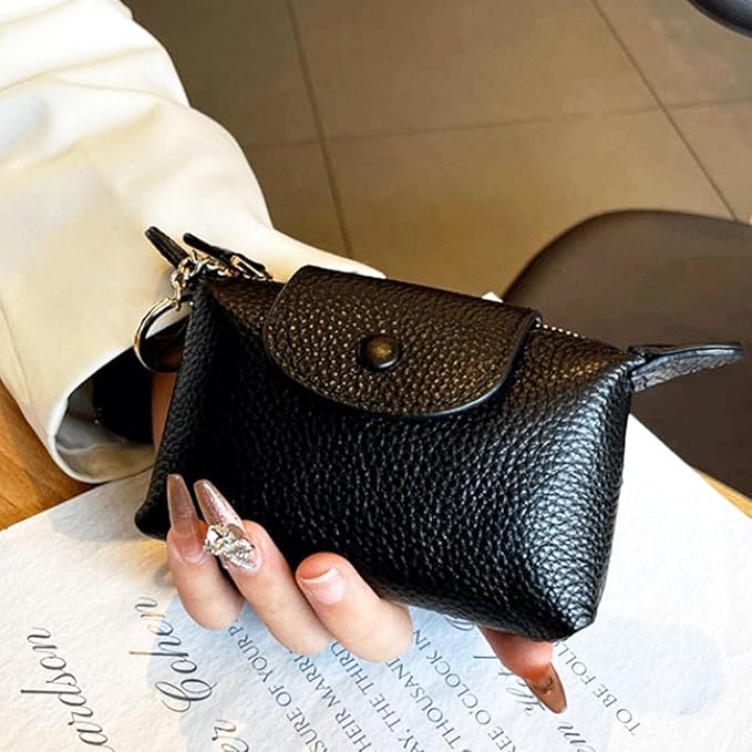 Genuine Leather Coin Purse for Women, Small Leather Mini Wallet with Keychain, Compact Change Purse for Cash, Cards, Coins and Keys, 5.12 Inch, Black