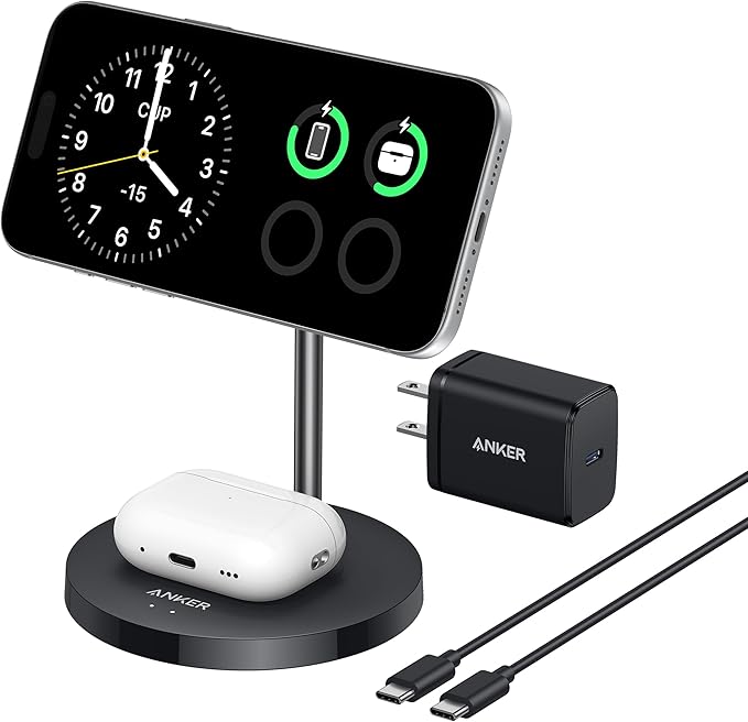 Anker MagSafe Compatible MagGo Charger Stand, iPhone 17 Wireless Charger, 2-in-1 Charging Station, Qi2 Certified 15W Fast Charging, for iPhone 17/16/15/14/13/12, AirPods Pro (40W Adapter Included)