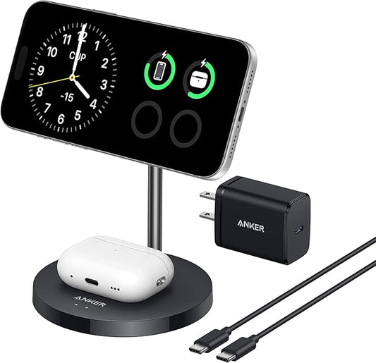 Anker MagSafe Compatible MagGo Charger Stand, iPhone 17 Wireless Charger, 2-in-1 Charging Station, Qi2 Certified 15W Fast Charging, for iPhone 17/16/15/14/13/12, AirPods Pro (40W Adapter Included)
