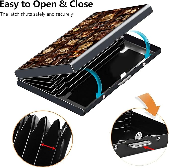 Credit Card Holder, Bookshelf with Clocks Design Mini RFID Blocking Aluminum Wallet Slim Metal Hard Case Shell Travel Wallet ID Case Small Credit Cards Case Business Cards for Women Men Girls