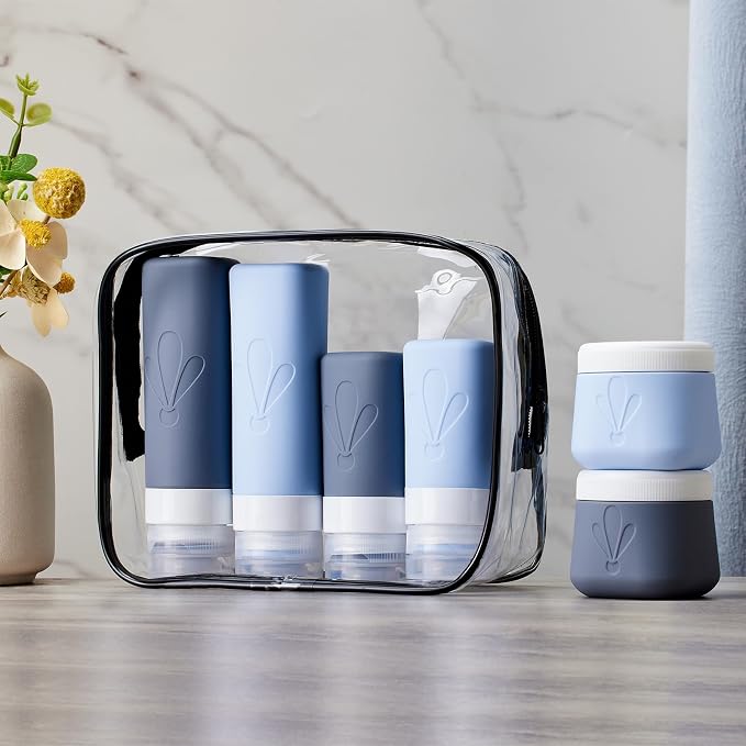 INSFIT travel bottles for toiletries 6 Pack, Leak proof Travel Size Toiletries Containers with toiletry bag, Squeezable Silicone Bottles & Cream Jars, Travel Essentials BPA-Free set for Shampoo