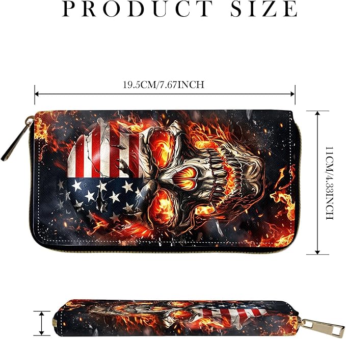 RFID-Blocking Zip Around Wallets for Women with Detachable Wrist Strap,Large Capacity Phone Holder with Card Organizer & Coin Pocket,American Flag Flame Skull