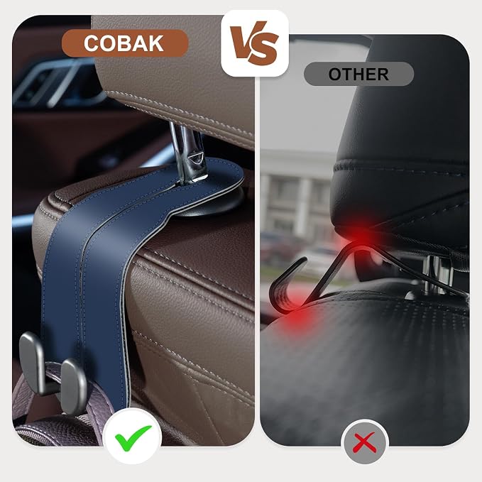 CoBak Purse Hook for Car - Universal Premium Stitched Leather and Aluminum-Magnesium Alloy Double Car Seat Back Storage Hook for Purses, Handbags, Bags (2 Pack),Indigo Blue