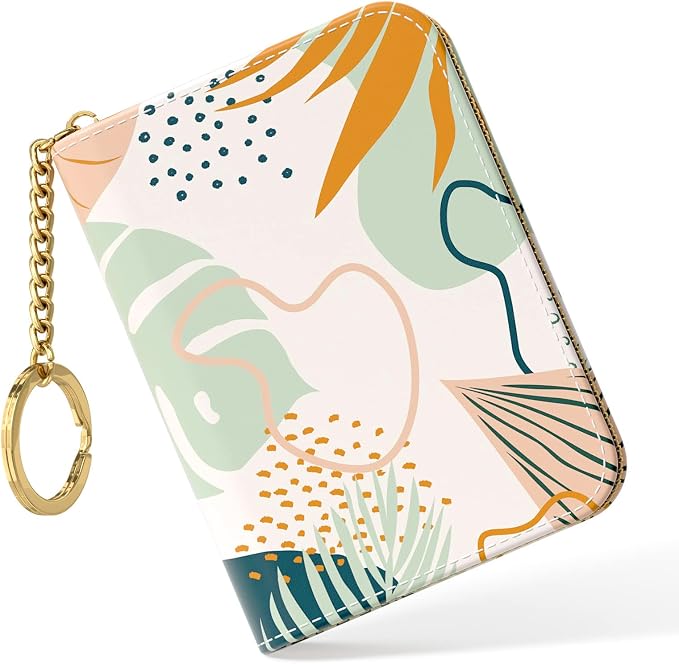 Nipichsha Credit Card Holder, Small RFID Card Wallet for Women, Slim Leather Card Holder Wallet, Credit Card Wallet Organizer, Pocket Business Card Case with Zipper & Keychain, Boho Leaves