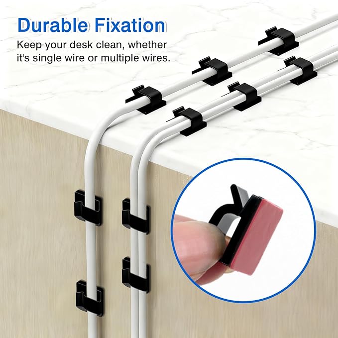 40-Pack Cable Clips with Strong Adhesive – Black & White Cord Holders for Wire Management in Home, Office, and Car
