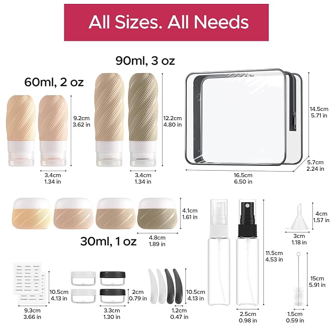 LitBear 23 Pack TSA Approved Travel Bottles for Toiletries, Leak Proof Refillable Travel Size Containers Kit with Silicone Squeezable Bottles Jars for Shampoo Lotion Conditioner, in Clear Bag, Brown