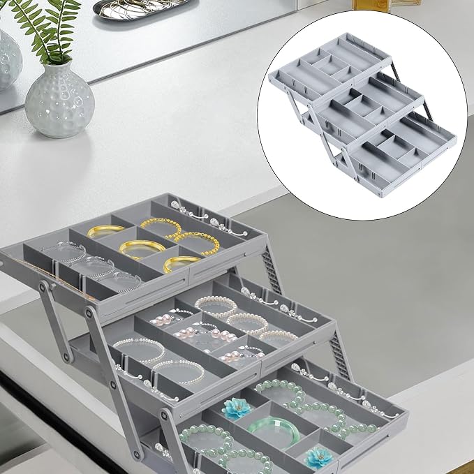 2/3 Tier Drawer Organizer Collapsible Drawer Organizer Tray, Expandable Junk Drawer Organizer, Multi Level Dresser Drawer Organizers Adjustable Storage Trays for Makeup, Jewelry (Single Row 3 Tiers)