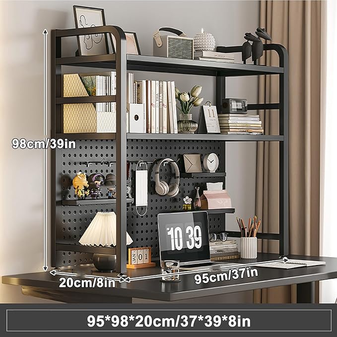 Standing Desk Shelf Desk Shelf Organizer, Countertop Hutch Bookcase Organizer, Desktop Bookcase Bookshelf Desk Hutch, Home Decor, Load Bearing Capacity 50 kg/110 lbs(Black,95*98*20cm/37*39*8in)