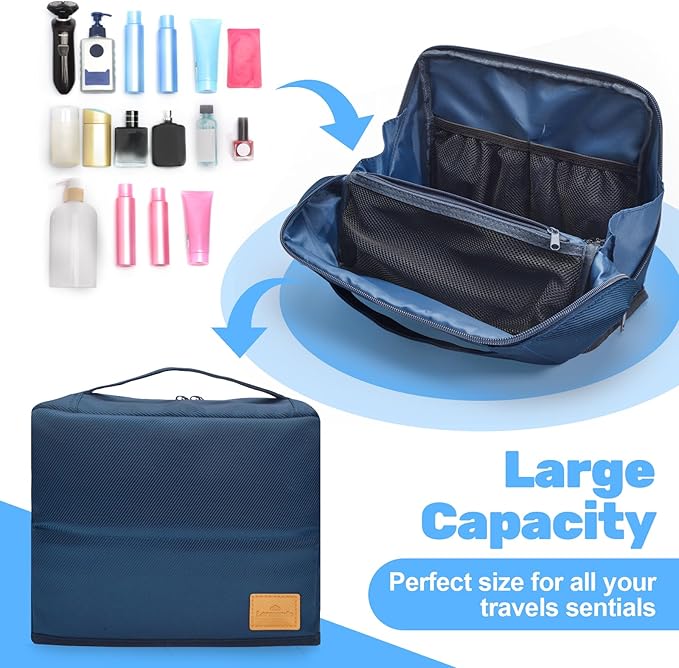Lermende Travel Toiletry Bag for Men: Makeup Bag Toiletry Bag, Wide-open Pouch Purse Travel Essentials Toiletries Accessories Brushes (Blue)
