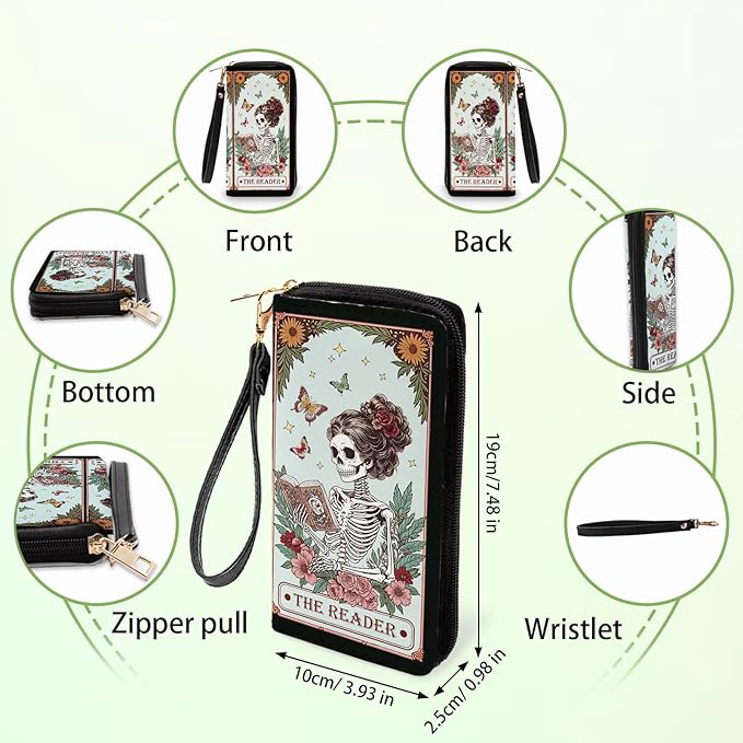 Book Lovers Gift for Womens Wallet - Slim PU Leather Gothic Style Skeleton Reader Wallet for Women with Zipper, Credit Card Holder Wallets, Wristlet Wallets for Female Girls Birthday(Reading Gift)
