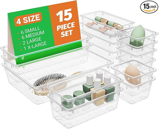 SpaceHacks 15 PCS Clear Plastic Drawer Organizer Set, 4-Size Acrylic Drawer Storage Trays, Storage Bins for Makeup, Gadgets, and Jewelry in Bathroom, Bedroom and Office, Clear
