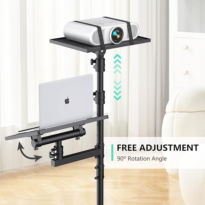 Projector Stand Tripod: 2 Shelves Mobile Laptop Cart Adjustable Height 45 to 64 Inches, Rolling Laptop Stand Cart with Ventilated Tray, Projector Tripod Stand on Wheels for Couch, Bedside, Meeting