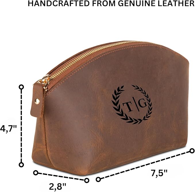 Blade Premium Personalized Genuine Leather Cosmetic Makeup Bag - Wedding Gift for Bridesmaid, Travel Organizer Clutch for Women with Zipper Pouch for Toiletry Essentials (Tobacco)
