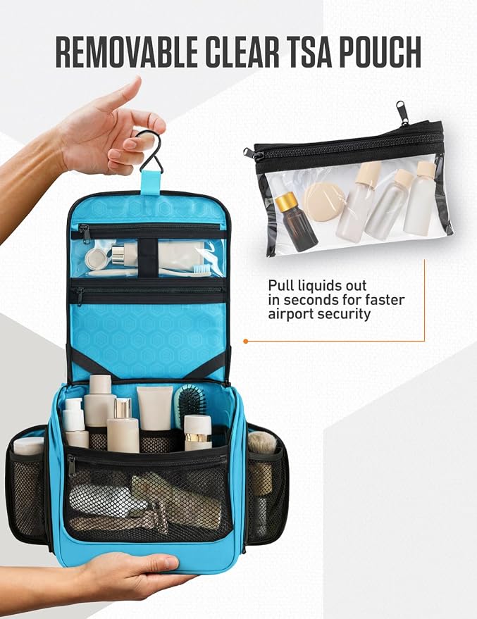 VENTURE 4TH Hanging Travel Toiletry Bag for Women & Men – Large Toiletry Organizer with 18 Compartments, Removable TSA Pouch, Travel Wash Bag for Toiletries, Makeup & Shaving Kit (Light Blue)
