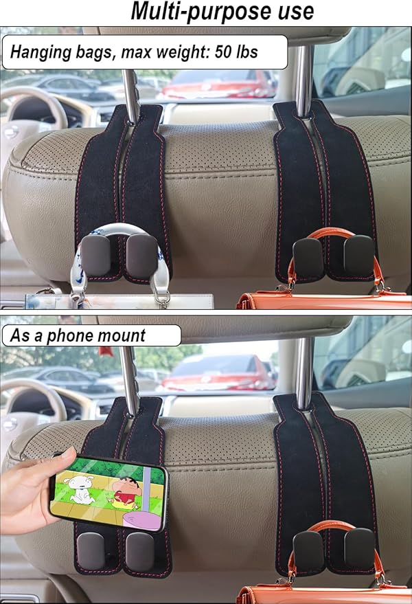 2 Pack Car Purse Hooks, Premium Leather Headrest Hooks, Genuine Metal Hook and Internal Metal Gaskets Multifunctional Car Hooks for Purses, Bags and Mobile Phones, Black with Red Stitching