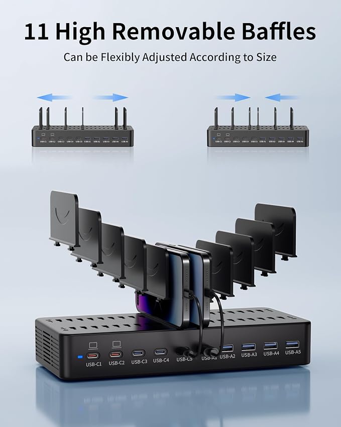 580W Charging Station for Multiple Devices, 10-Port USB C Fast Charger Station, Dual PD 100W Charging Dock with Adjustable Dividers & 6 Cables-Device Organizer for Laptop MacBook, iPhone, iPad