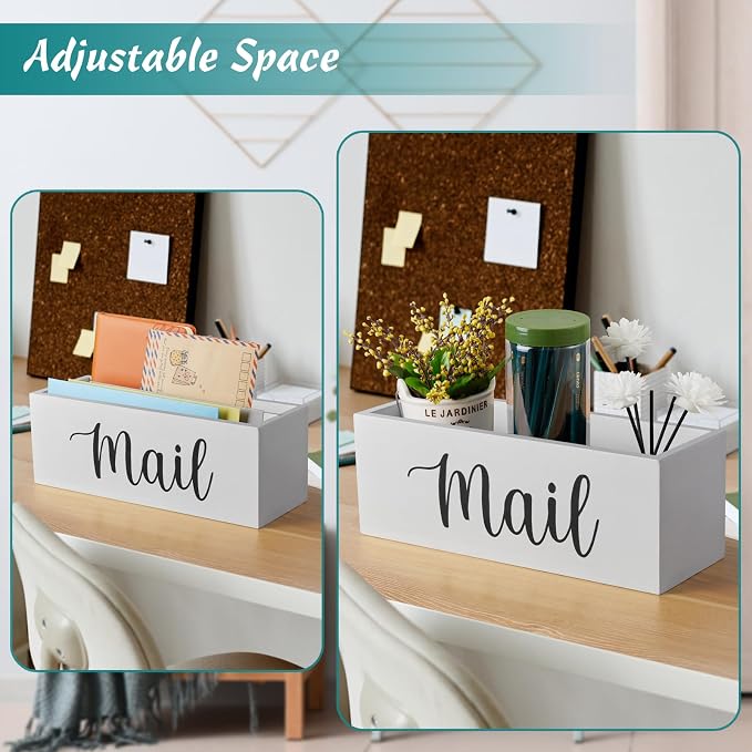 DRASTAR Mail Organizer, Mail Holder with 2 Slots, White Mail Basket for Wall Mount, Wooden Desk Mail Organizer, Envelope Holder for Home Office Decor