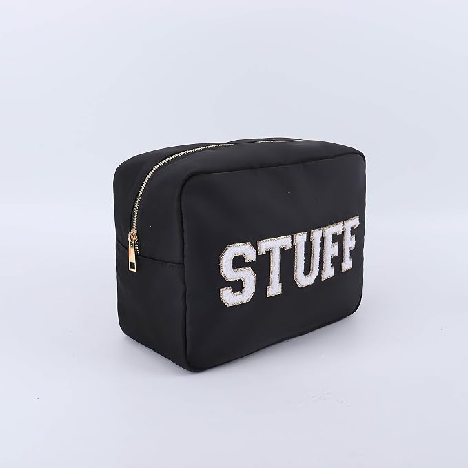 SkyTen Chenille Letter Make Up Bag Nylon Cosmetic Case Stuff Glam Stoney Clover Dupe Travel Organizer (Black, XL)