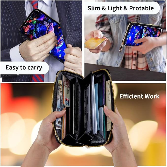 Wallet,Leather Long Wallet Suitable For Ladies And Teenagers - Detachable Wristband + RFID Travel Wallet With Card Slot - Neon Sea Turtles