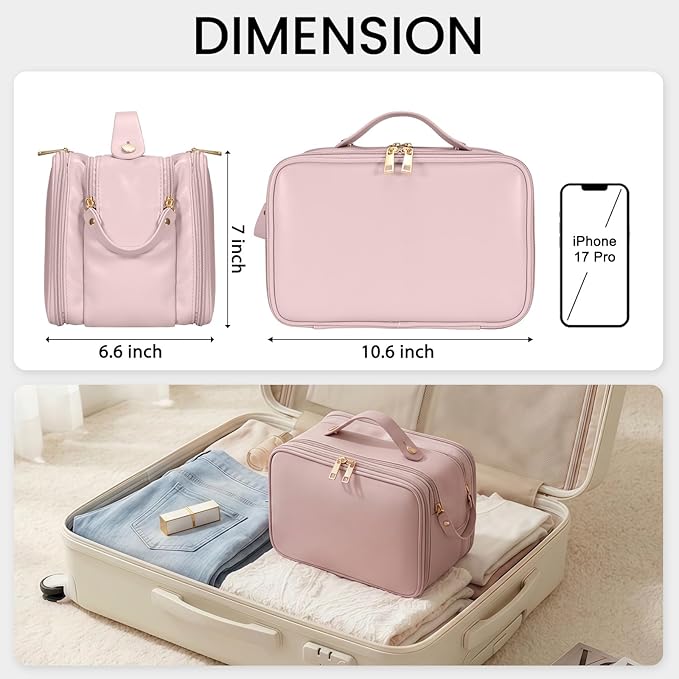 Travel Makeup Bag Women's Large Capacity Cosmetic Portable Organizer Large Opening Waterproof Storage Toiletry Bags Vertical Free-Standing Brush Holder for Easy Access Pink