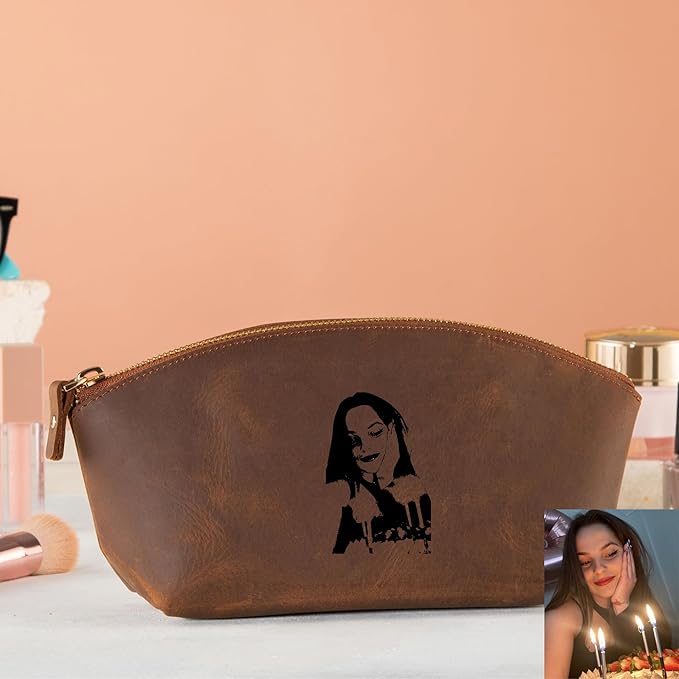 Blade Premium Personalized Genuine Leather Cosmetic Makeup Bag - Wedding Gift for Bridesmaid, Travel Organizer Clutch for Women with Zipper Pouch for Toiletry Essentials (Tobacco)