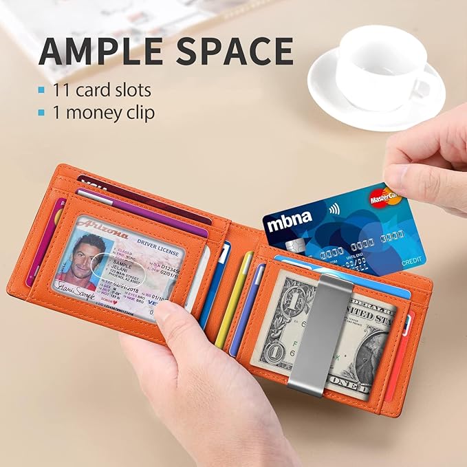 RUNBOX Slim Money Clip Wallets for Men RFID Blocking 11 Card Holder Minimalist Small Leather Bifold Men's Front Pocket Wallet Gift Box