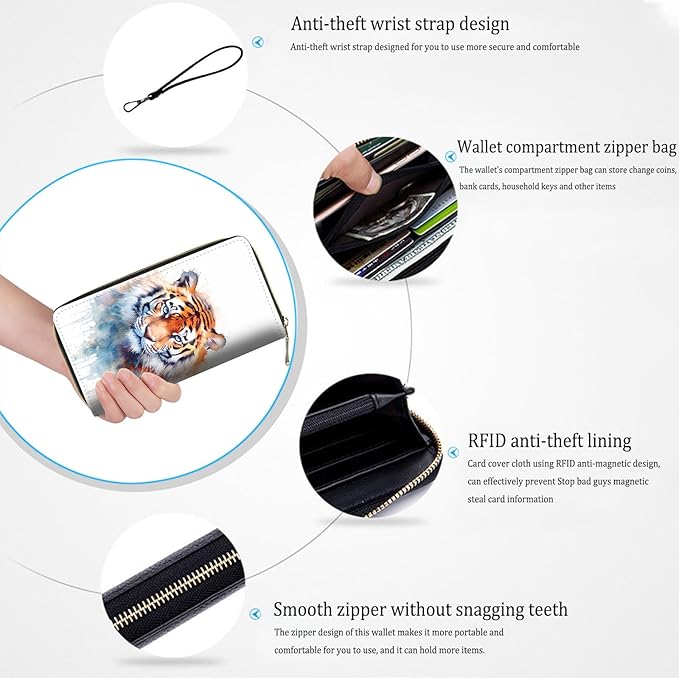 Bxgolkgd Womens Wallet, RFID Blocking Leather Wallet,Large Capacity Wallet Credit Card Holder PU Leather Ladies Clutch with Zipper Coin Pocket - Watercolor Tiger