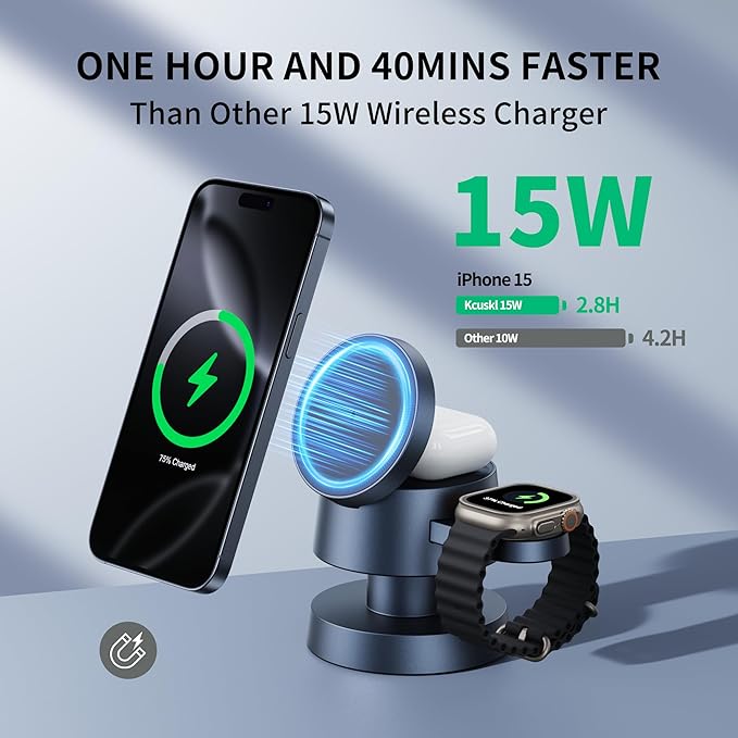 4 in 1 Magnetic Wireless Charging Station,15W Fast Charging with Adjustable Night Light for MagSafe Charger Stand,3 in 1 Wireless Charger for iPhone 17/16/15/14/13 Pro Max,Apple Watch & AirPods