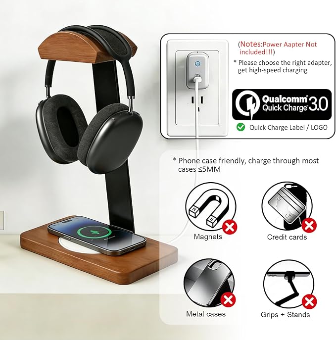 Solid Wooden Headphone Holder with Fast Wireless Charging Pad, Universal Headset Stand for Gaming Desk, Headphone Rack Wireless Charger Compatible with iPhone Samsung with QI Function (White