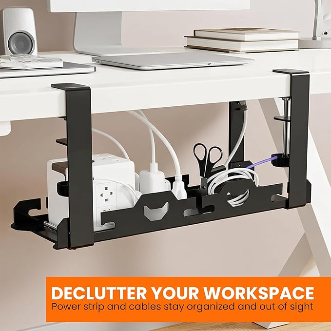 17'' Super Sturdy Cable Tray Under Desk Cord Organizer Standing Desk Cable Management System Large Power Strip Holder Cord Basket With Clamp for Wire Management Rack Office, Home, No Drill & Damage