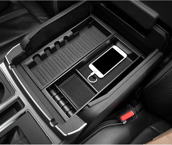 JDMCAR Compatible with Ford F150 Accessories (2015-2020) /F250 F350 F450 (2017-2022) / Expedition 2018-2022 Center Console Organizer, ABS Material Insert Tray Storage Box- (Bucket Seats ONLY)- Black