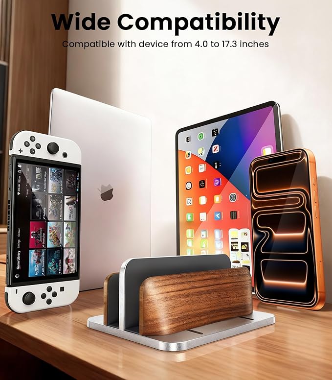 Vertical Laptop Stand, [Dual Slot Wooden + Aluminum Laptop Holder], Desktop Adjustable MacBook Stand, Adjustable Base, for MacBook Pro/Air, (up to 17.3-inch All laptops)