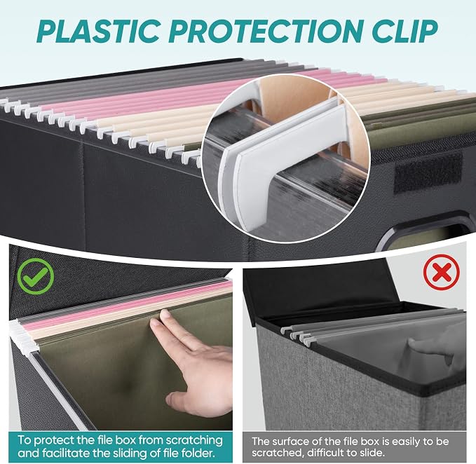 BALEINE File Organizer Box with Lid, Collapsible File Folder Organizer with Plastic Slide, Hanging File Folder Box for Office Document Storage (2 Pack, PU, Black)