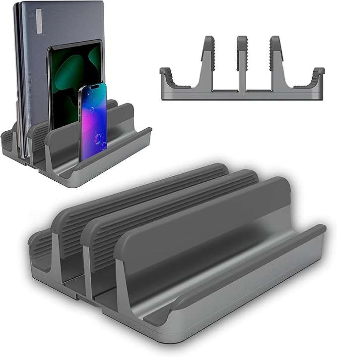 Elestoria 4 - Slot Vertical Laptop Stand - Aluminum Laptop Stand Vertical for Desk - Fits MacBook Pro/Air, Surface, Mobiles & Gaming Laptops up to 17.3" - Heavy Duty Laptop Holder for Desk - Grey