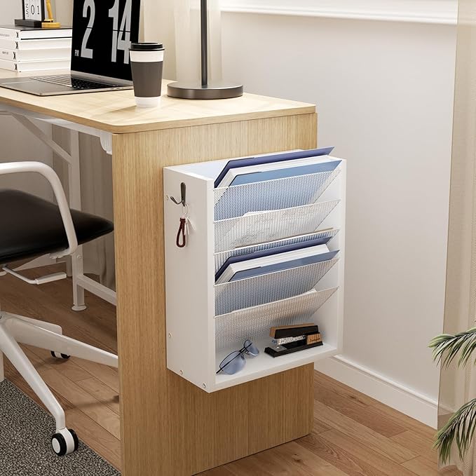 Mail Organizer Wall Mounted, 6-Tier Wall File Organizer with 2 Hooks, Wooden Desk Organizer Magazine Holder with Bottom Flat Tray, for Office Home, White