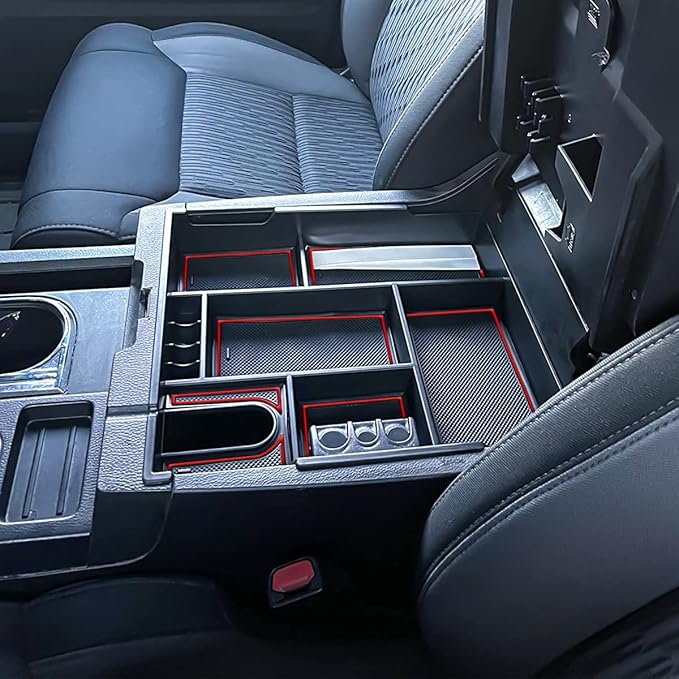 TACOBRO Center Console Organizer Compatible with 2014-2017 2018 2019 2020 2021 Tundra Accessories, Crewmax Interior Armrest Underseat Storage Box- Full-coverage Insert Tray, Red Trim