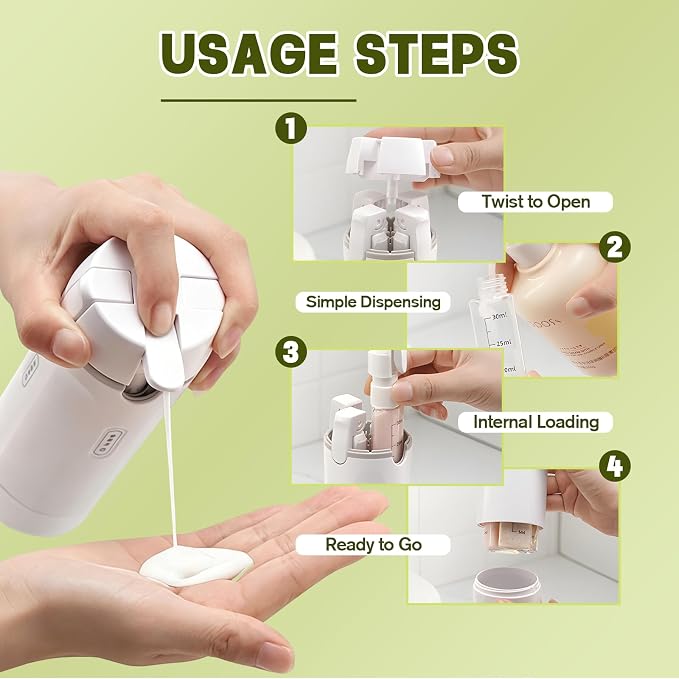 4 in 1 Travel Dispenser, 4 Pack 30ML Travel Bottles with Measurement Scale & Label Stickers for Toiletries, Leak Proof Dispenser Bottle Containers for Shampoo Lotion Conditioner Cream (Green+White)