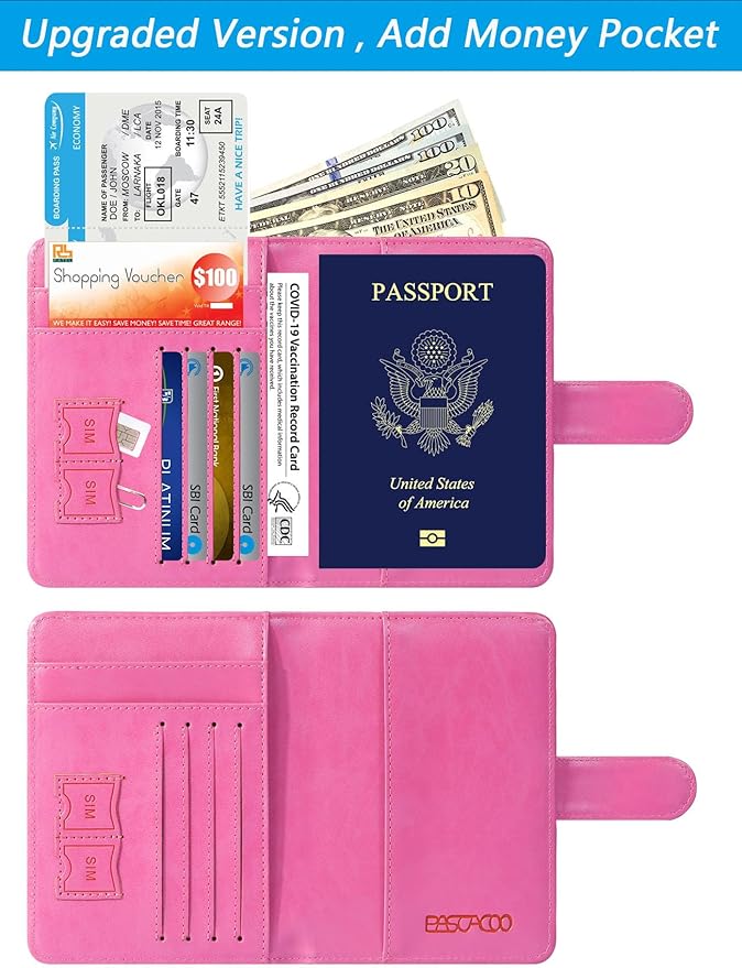 Passport Holder Cover Wallet RFID Blocking Leather Card Case Travel Accessories for Women Men (Pink)
