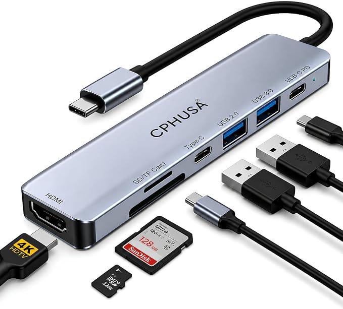 USB C Hub 7-in-1 for MacBook Pro/Air, Multiport Adapter with 4K HDMI, 100W PD Charging, USB 3.0, SD/TF Card Reader, USB-C Docking Station for MacBook, Dell, HP