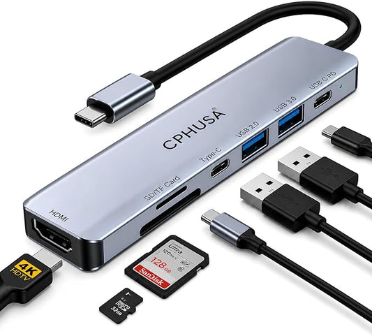 USB C Hub 7-in-1 for MacBook Pro/Air, Multiport Adapter with 4K HDMI, 100W PD Charging, USB 3.0, SD/TF Card Reader, USB-C Docking Station for MacBook, Dell, HP
