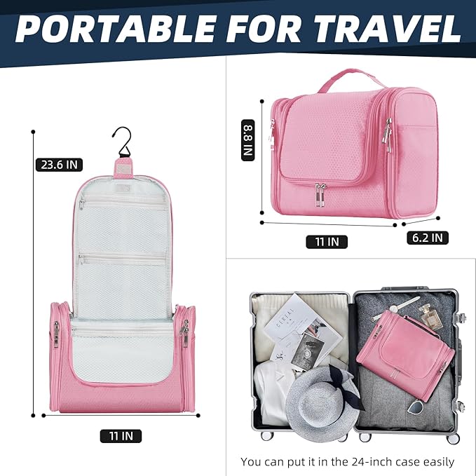 Buruis Hanging Toiletry Bag for Women and Men, Large Water-Resistant Makeup Organizer with Sturdy Hook, Lightweight Nylon Dopp Kit for Full-Sized Toiletries & Cosmetics, Pink