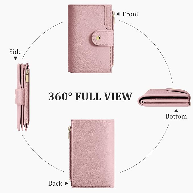 Airkit Small Women's Bifold Wallet, RFID Blocking Credit Card Holder with Zipper, Travel Cute Coin Pocket Wallet for Ladies, Pink