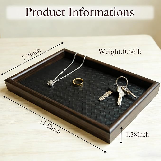 Tinsow Wooden Desk Organizer Tray with PU Leather Base, 11.8x7.9 Catch All Valet Tray Key Tray for Nightstand Bedroom Dresser Office Desktop Storage, Black