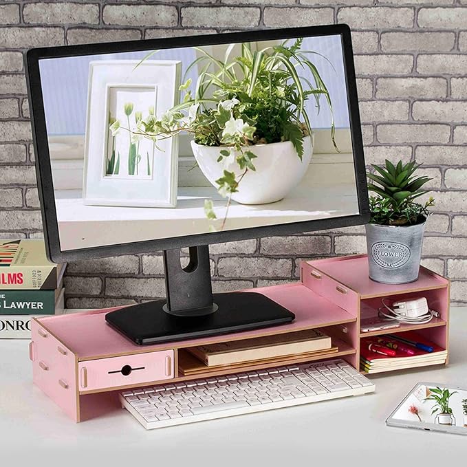 Alvinlite Monitor Stand Riser with 2 Tier Shelf, Desktop Organizer Desk Monitor Stand with Drawer for Screen, Laptop, Printer, Bookshelf for Home & Office, 18.7 Inch Wood Shelf, Pink