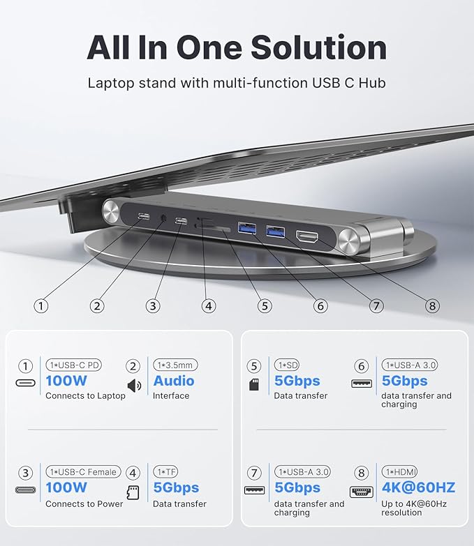 KU XIU Adjustable Laptop Stand with 8 in 1 USB C Hub, Foldable Portable Computer Notebook Stand with 360° Rotating Base, Riser Holder Mount for All 10-17" Laptops (Gray)