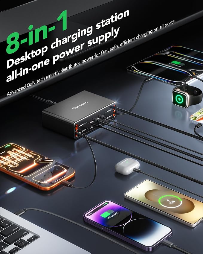 8-in-1 Retractable Charger for Multiple Devices, 105W Charging Station with Retractable Cords, USB C Charger Wall Plug GaN Usbc Hub for iPhone 17/16/15, Galaxy S26, iPad, Pixel, Home Office, Desktop